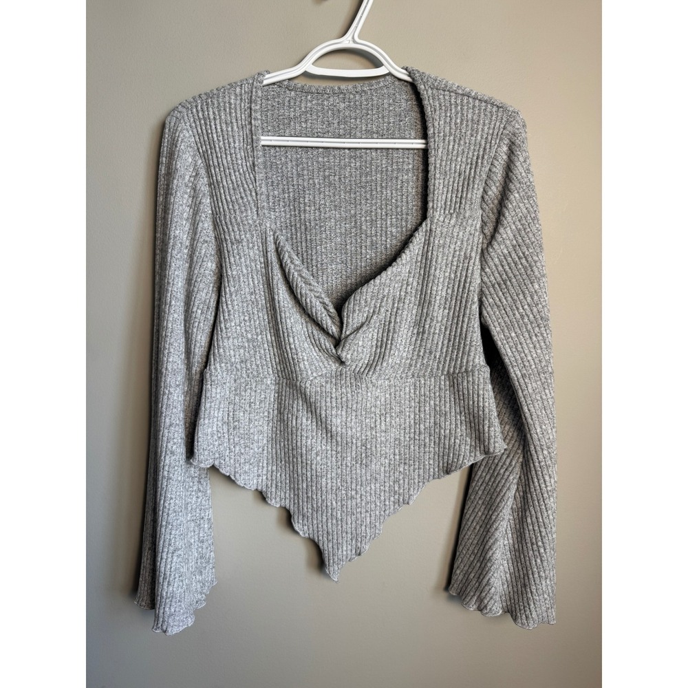 Women's Ribbed Long Sleeve Cropped Sweater Handkerchief Hem 1XL Fairycore Y2K